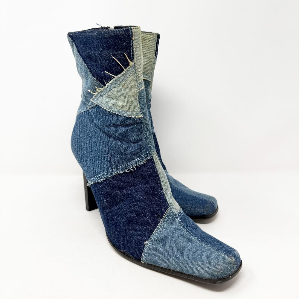 Vintage Y2K Mootsies Tootsies Blue Denim Patchwork High Heel Booties Size 7 VGUC